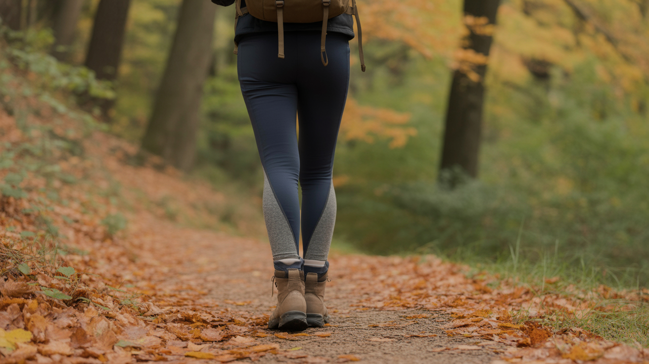 woman hiking in best fleece lined hiking leggings for women on cold weather forest trail