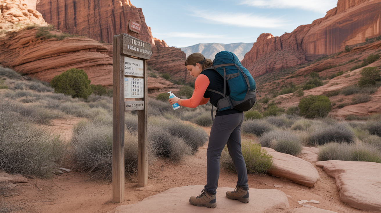 hiker using best hand sanitizer for hiking at desert trail sign