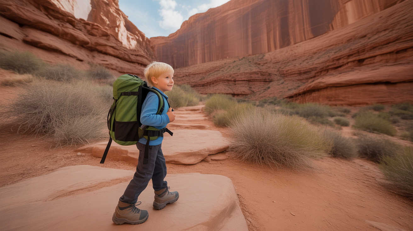 Child hiking with properly fitted youth backpack on desert canyon trail
