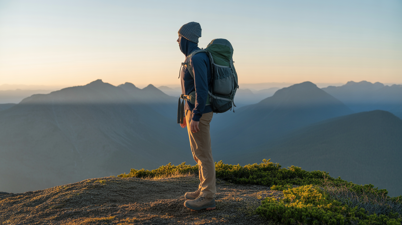 hiker wearing best hiking beanie on cold mountain summit at sunrise