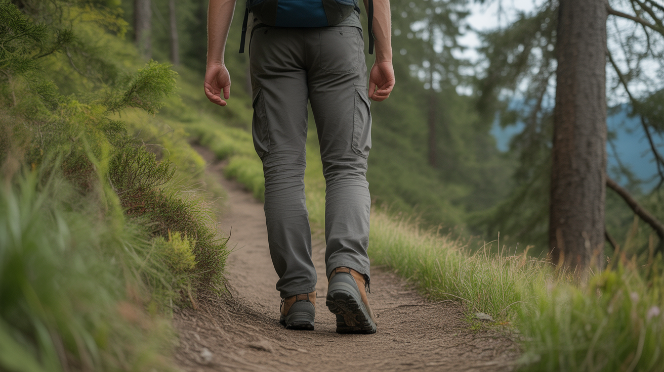 hiker wearing supportive hiking boots on forested trail demonstrating proper footwear for plantar fasciitis relief