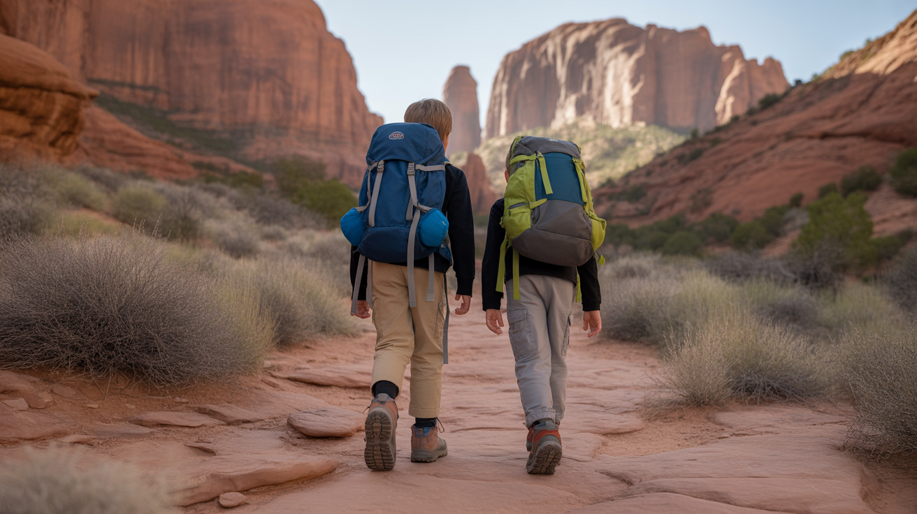 children wearing the best hiking boots for kids walking on desert trail with red rock formations