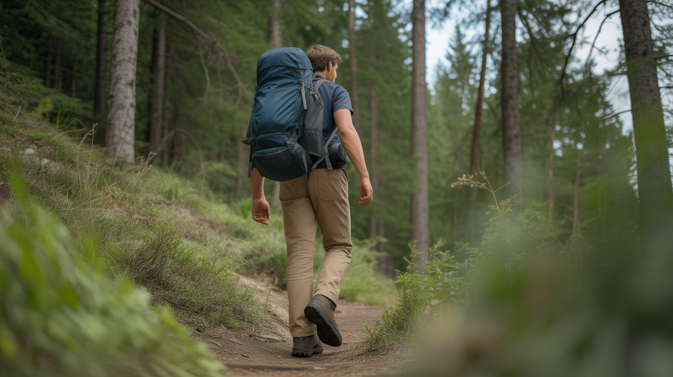 hiker wearing hiking boots for wide feet walking on forest trail