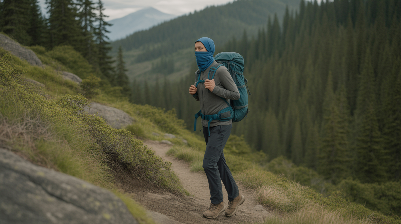 hiker wearing best hiking buff neck gaiter on mountain trail with backpack