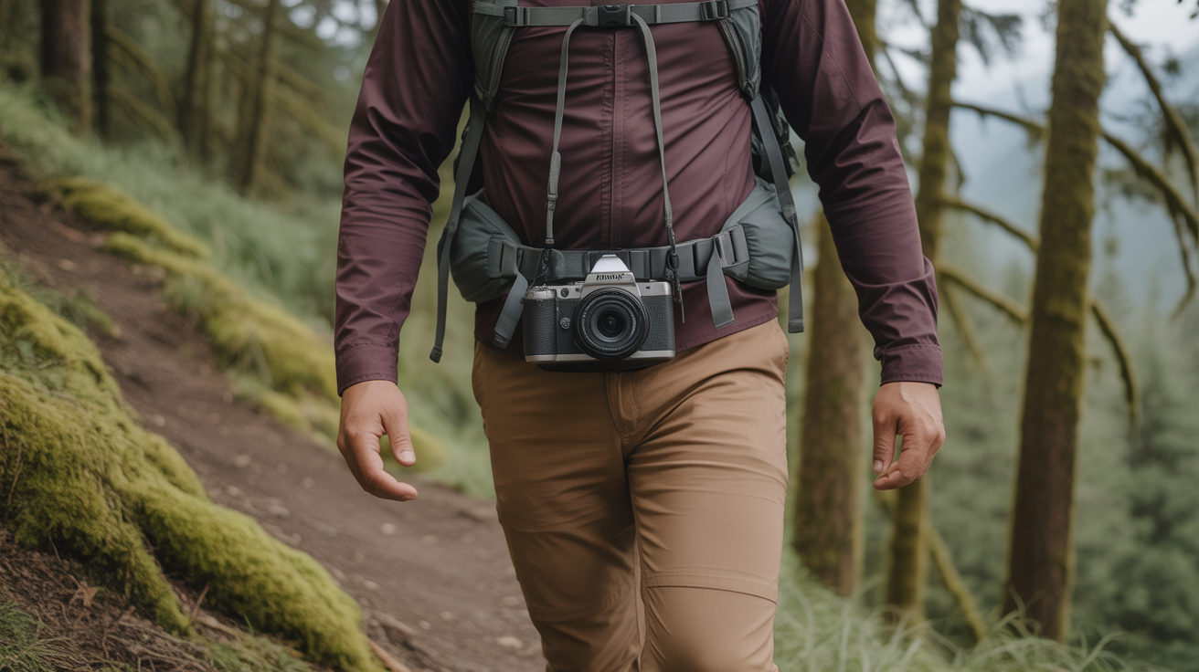 Hiker using best hiking camera bag strap mount system with mirrorless camera on Pacific Northwest forest trail
