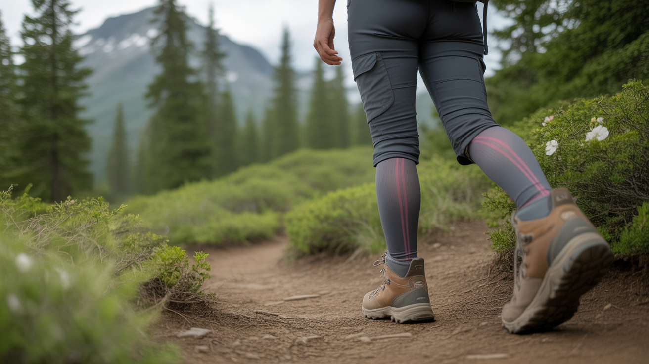 Female hiker wearing best hiking compression socks for women on mountain trail