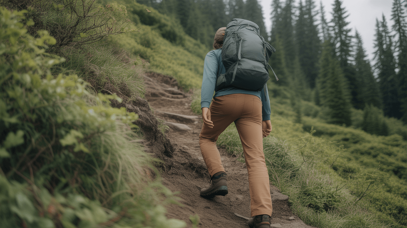 hiker wearing compression socks descending mountain trail with hiking boots and backpack
