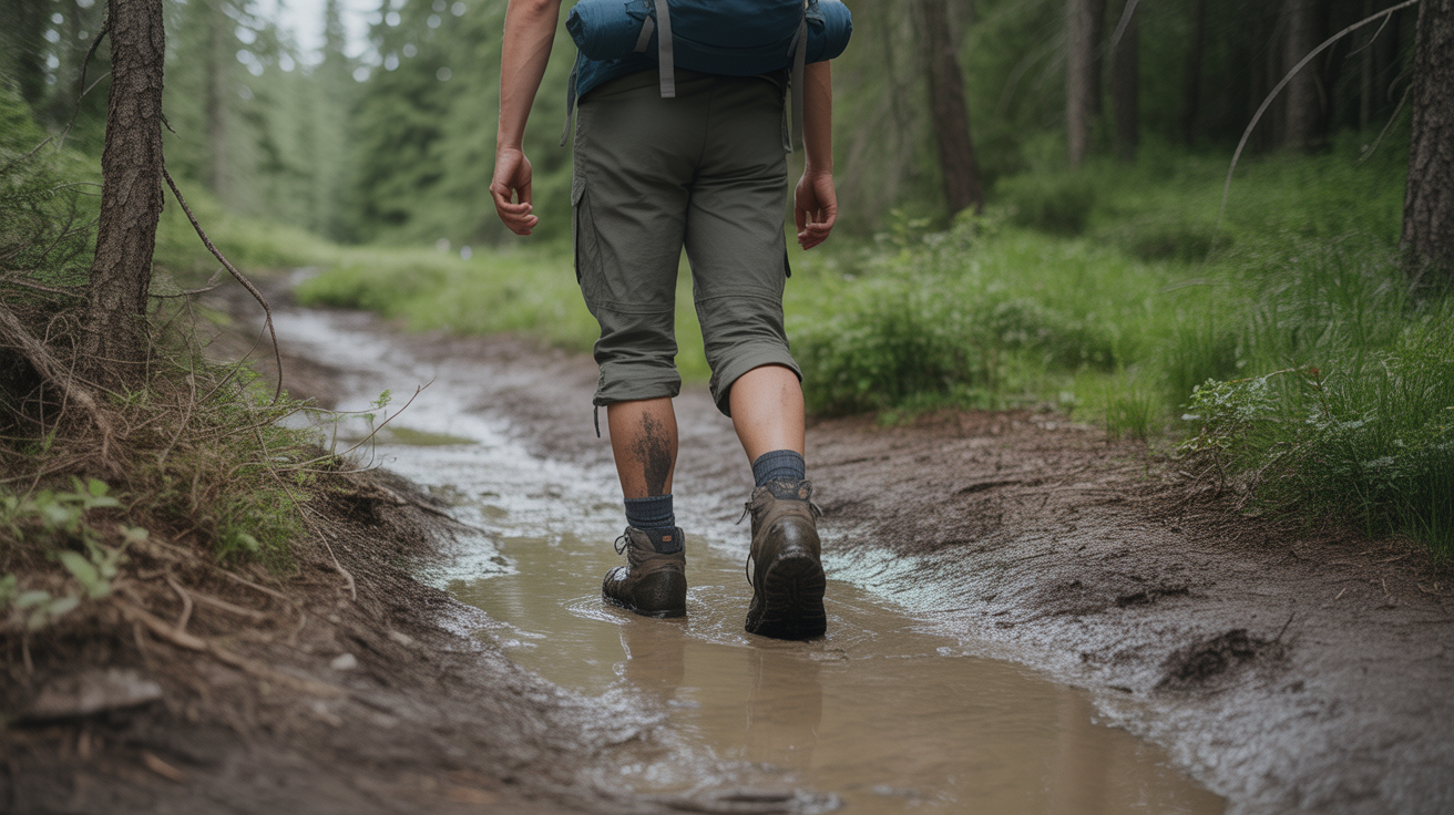 hiker wearing best hiking gaiters for mud on wet forest trail