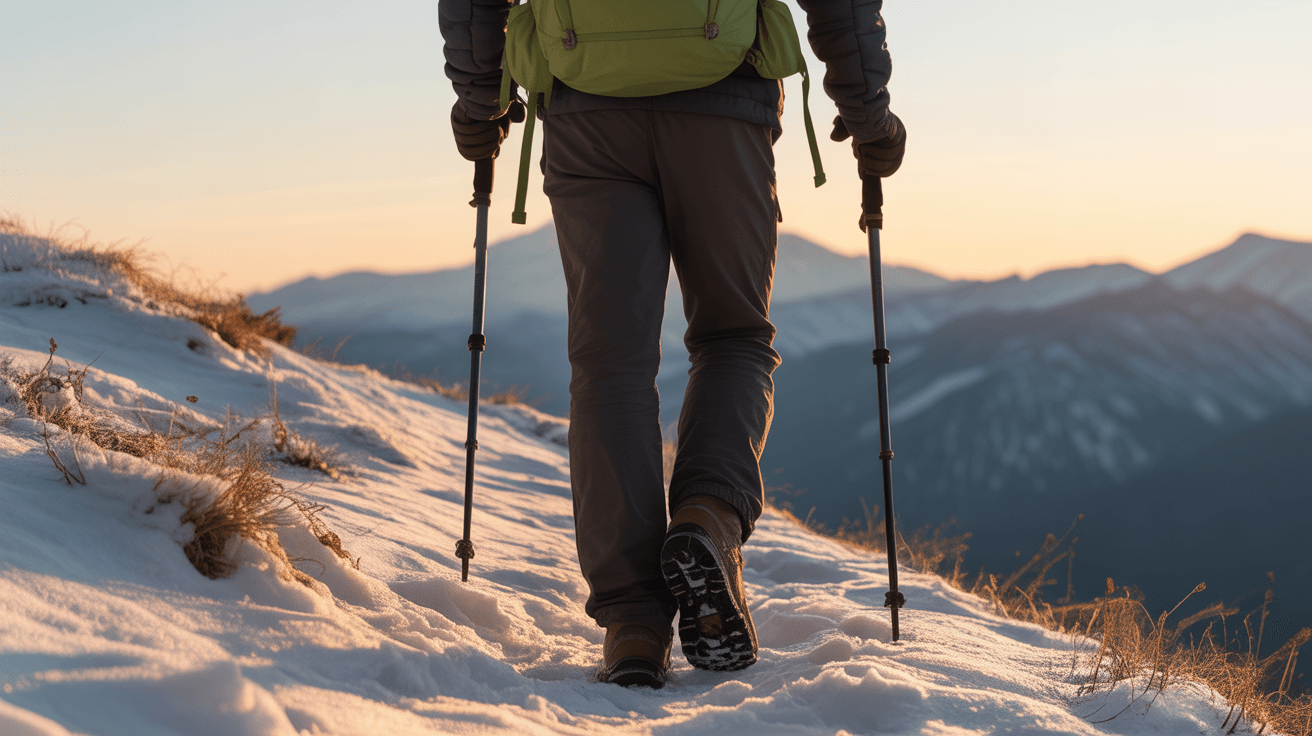 hiker wearing best hiking gloves for cold weather on snowy mountain trail at sunrise
