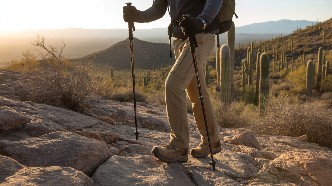 Hiker wearing the best hiking gloves for cold weather gripping trekking poles on a high elevation trail at golden hour