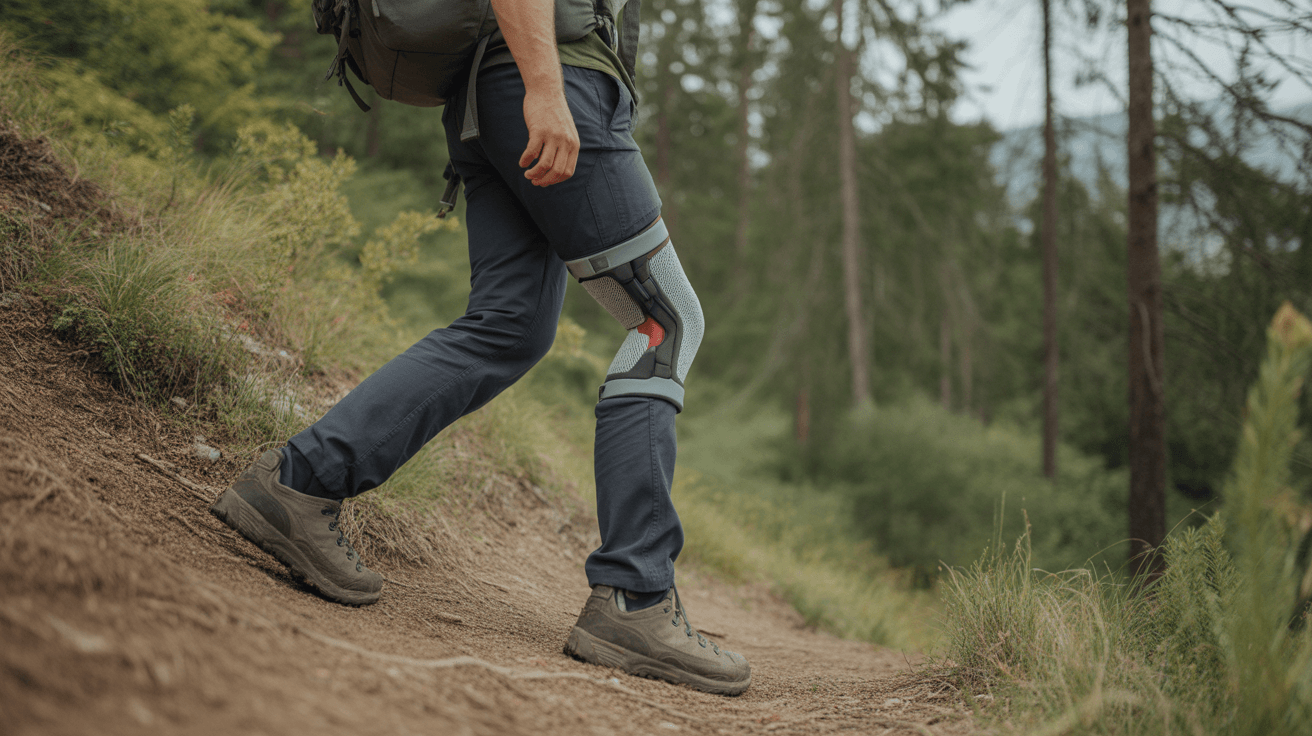 beginner hiker wearing knee brace while hiking downhill on forest trail