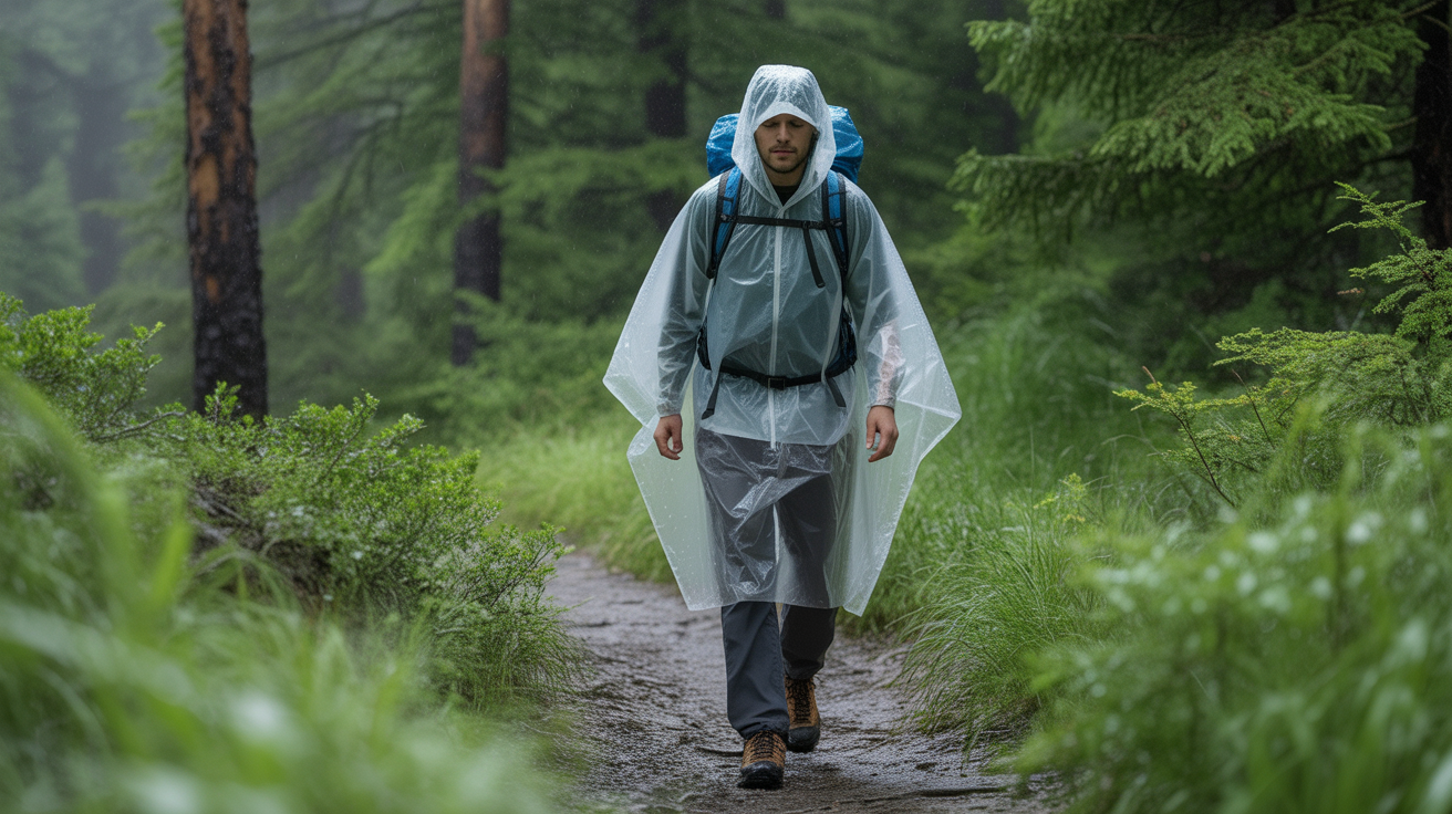 hiker wearing best hiking poncho lightweight on rainy forest trail with backpack