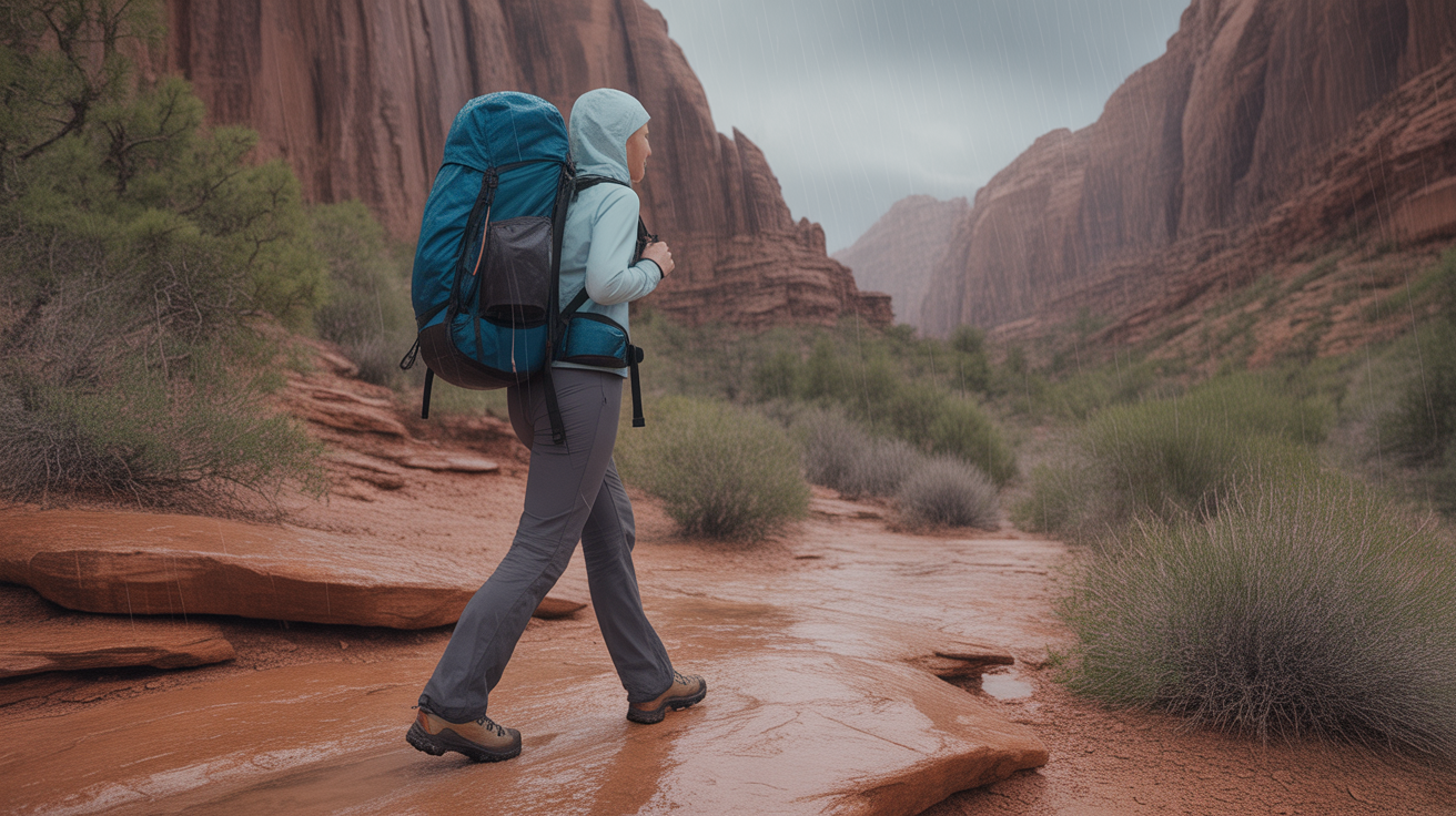 Woman wearing best hiking rain pants for women on desert trail in rainy conditions