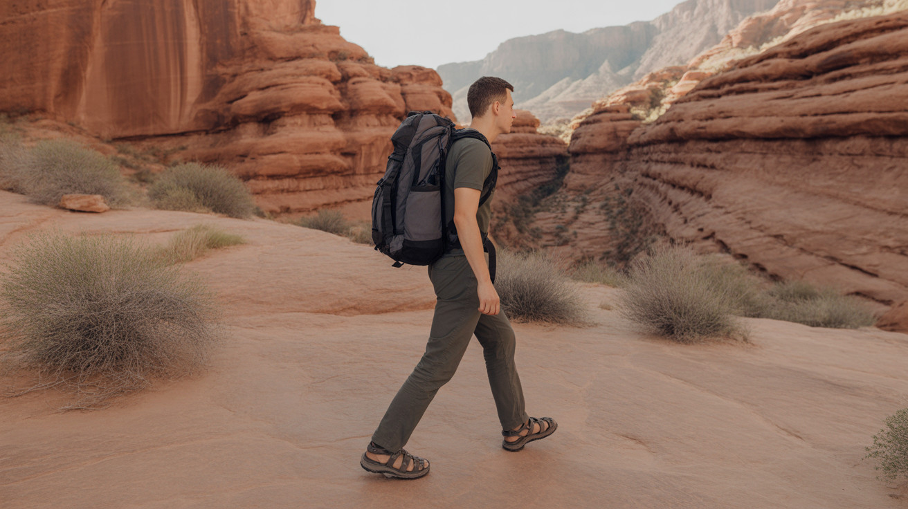 Male hiker wearing the best hiking sandals for men on desert canyon trail with red rock formations