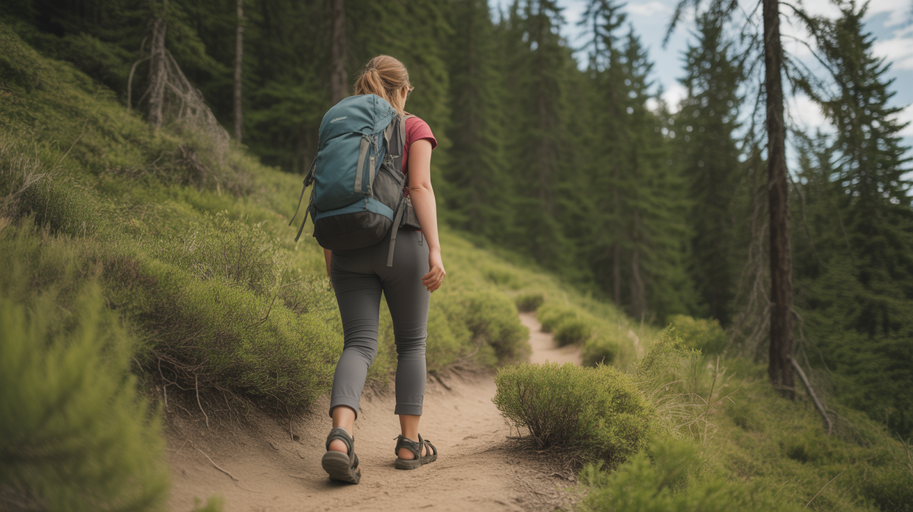 woman hiking on forest trail in summer wearing comfortable hiking sandals