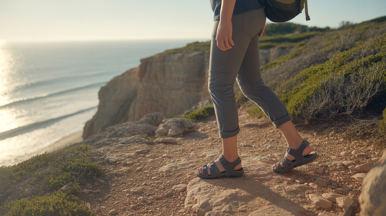 Woman wearing the best hiking sandals for women on a rocky coastal trail above the ocean