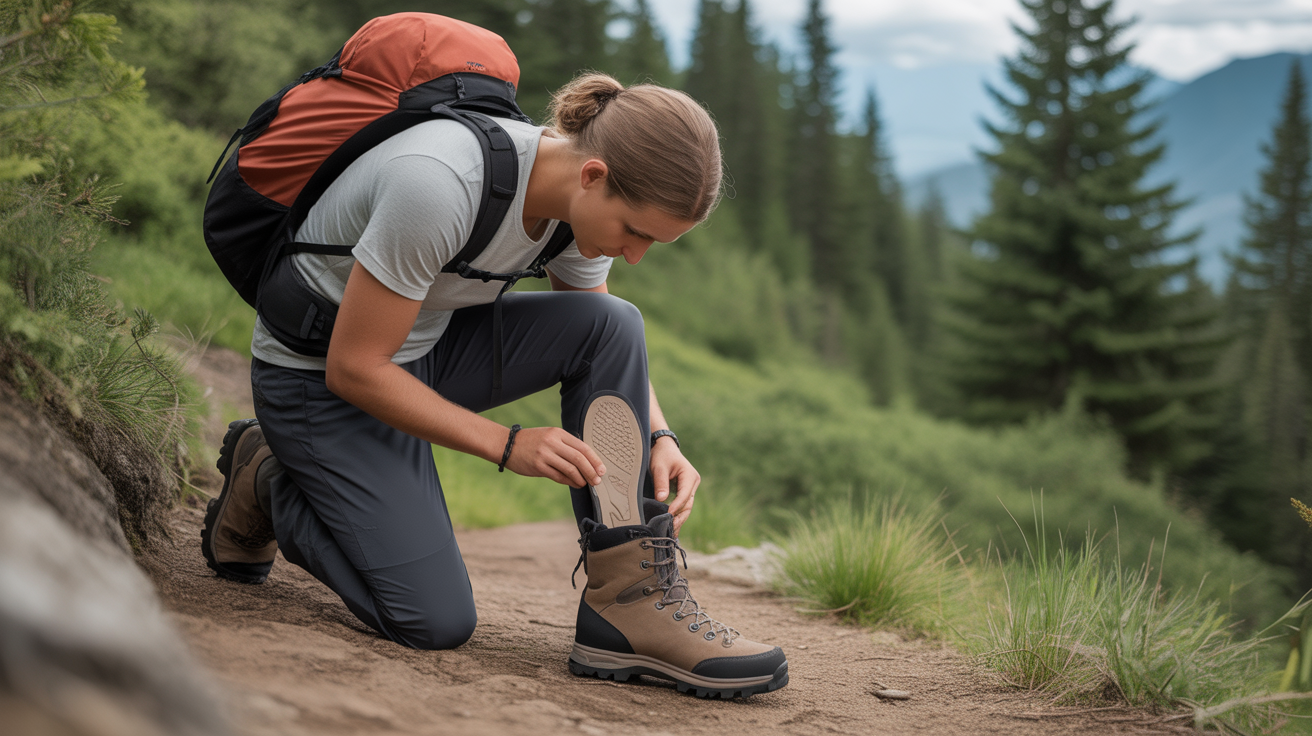 hiker holding hiking shoe insoles on mountain trail examining arch support and cushioning features