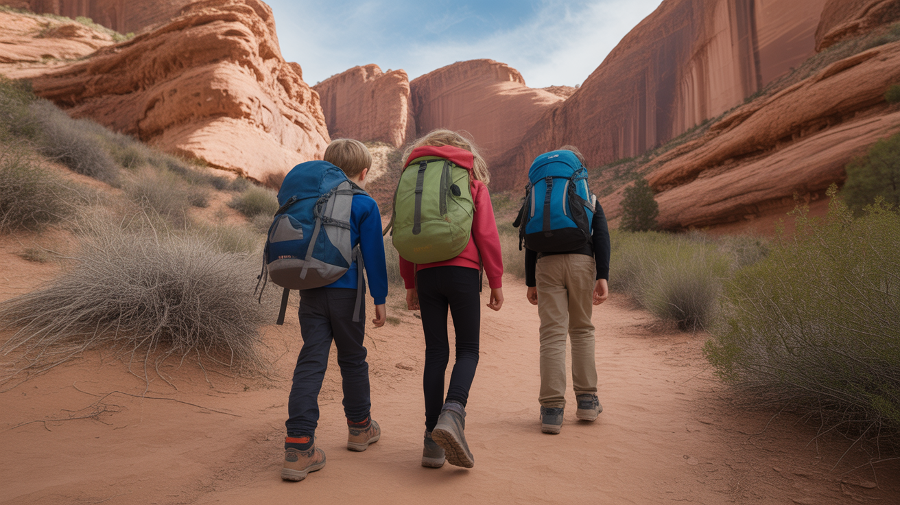 children wearing best hiking shoes for kids walking on desert trail with red rock formations