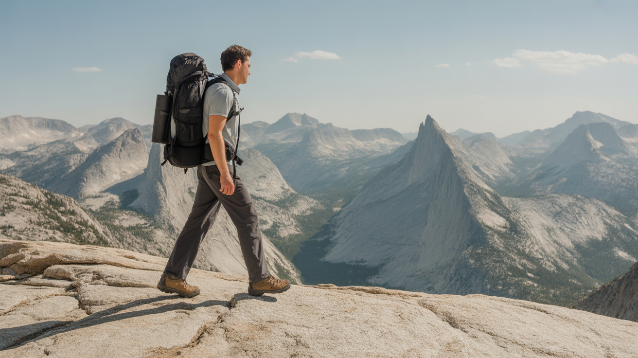 Man wearing the best hiking shoes for men on an exposed granite ridge trail in the High Sierra