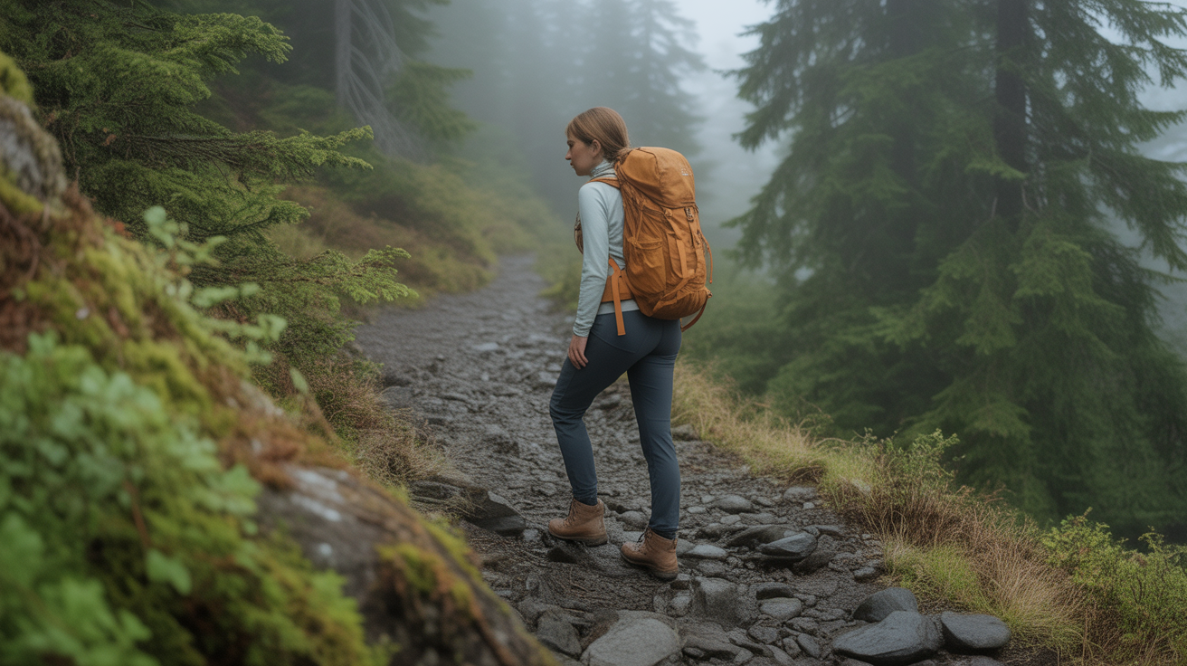 Woman wearing the best hiking shoes for women on a rocky mixed-terrain trail through a foggy Pacific Northwest forest