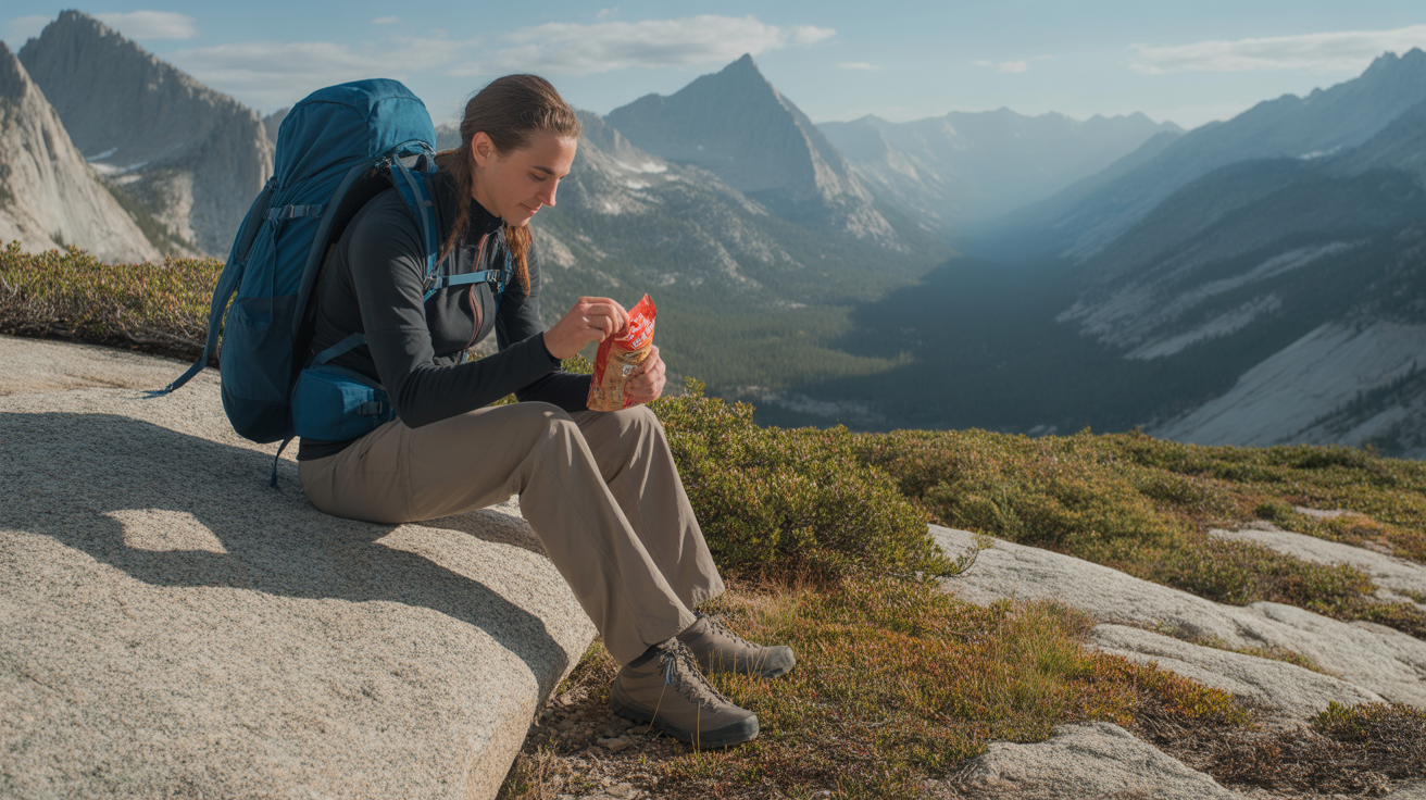 Hiker enjoying best hiking snacks on a granite boulder in a High Sierra alpine landscape