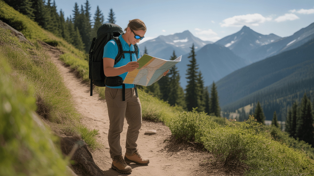 beginner hiker wearing best hiking sunglasses on sunny mountain trail