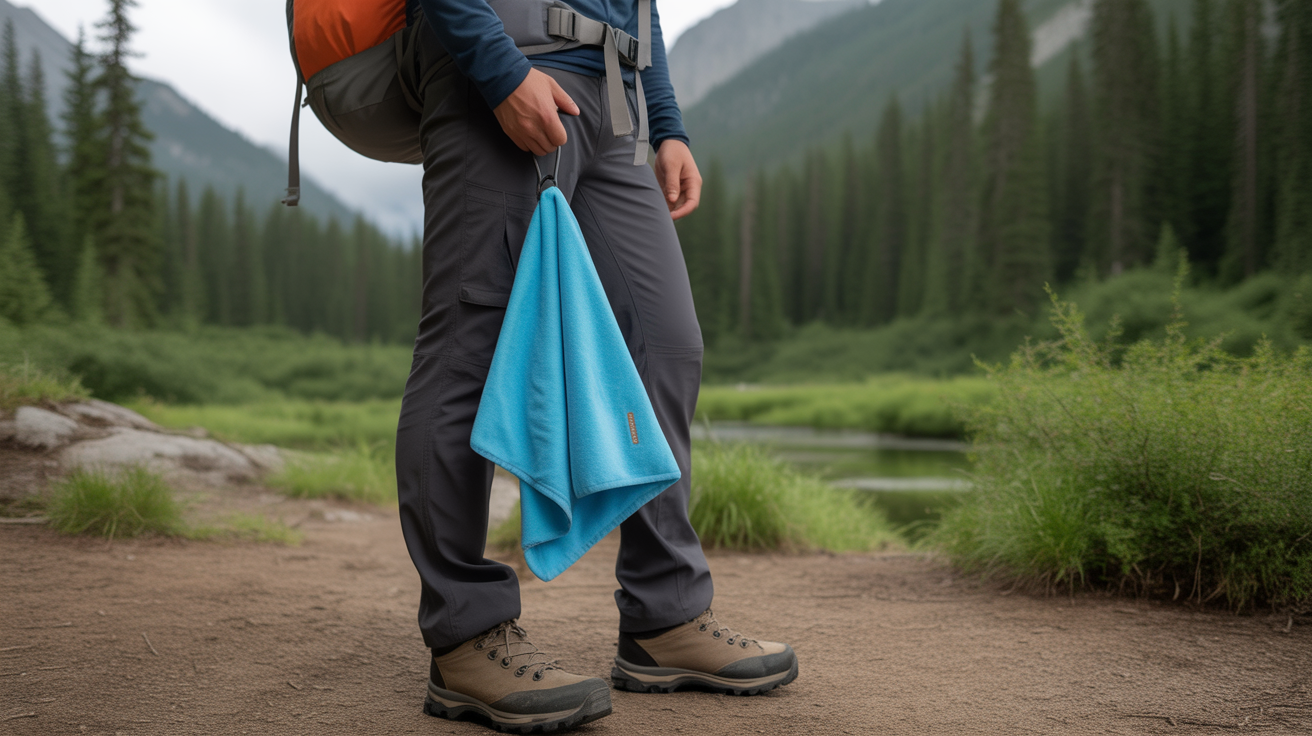backpacker with best hiking towel for backpacking attached to pack at mountain campsite