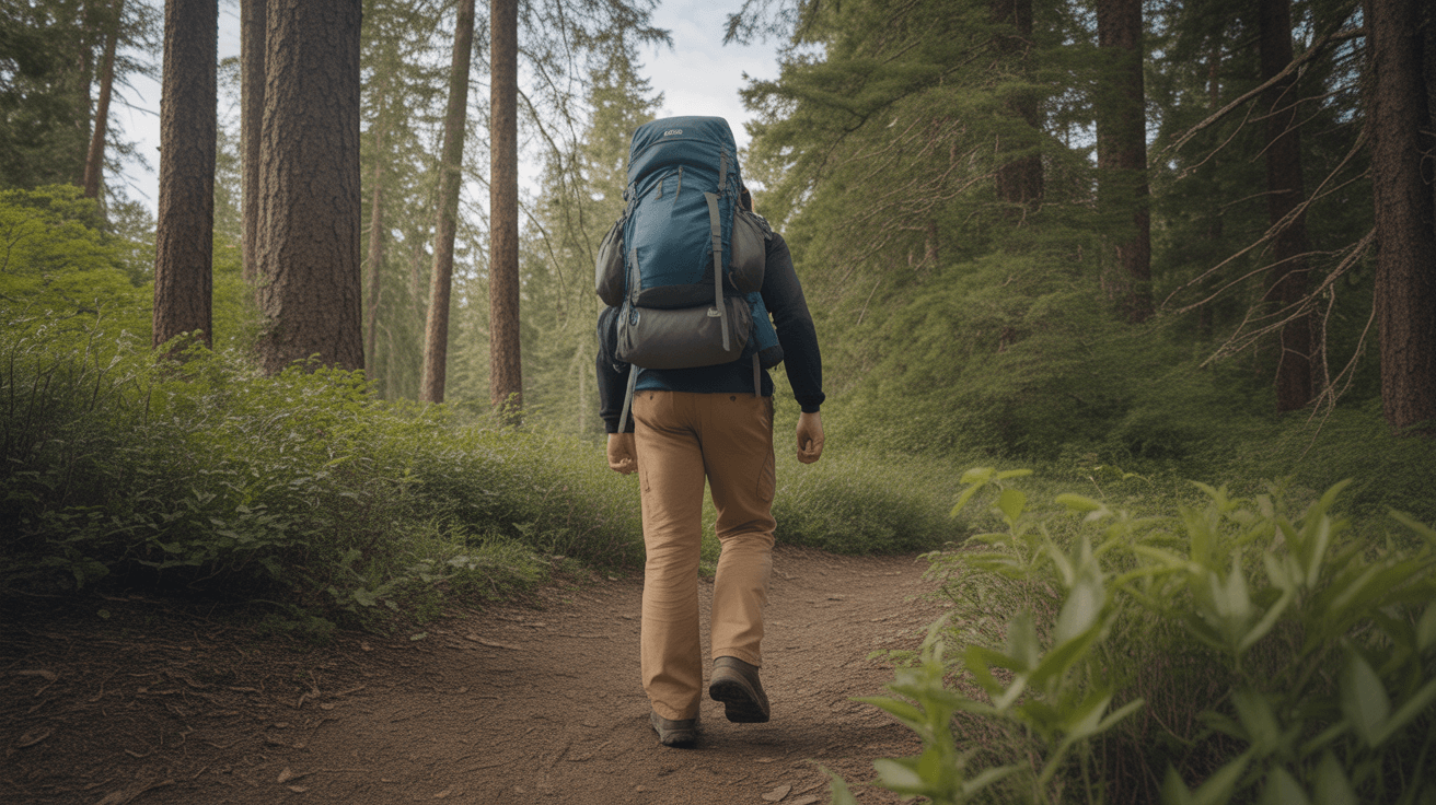 male hiker wearing comfortable hiking underwear walking on forest trail with backpack