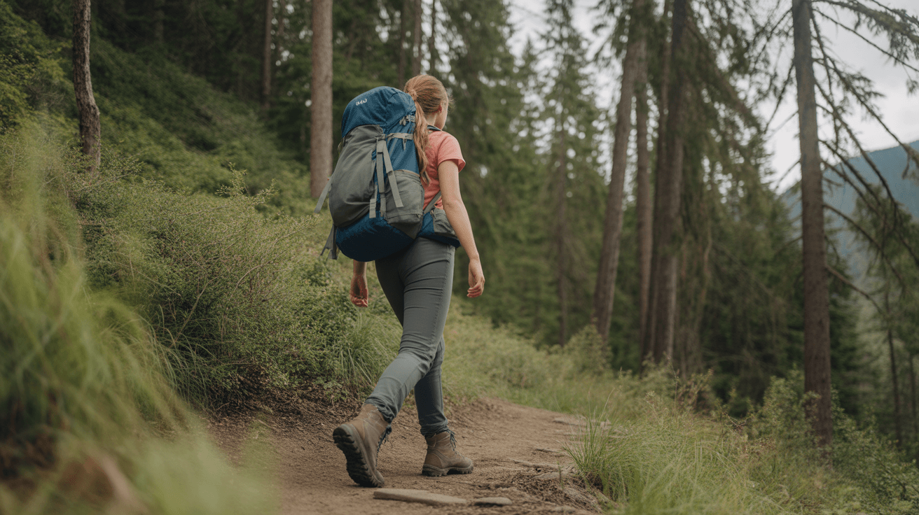 female hiker on trail wearing comfortable hiking underwear and hiking pants with backpack