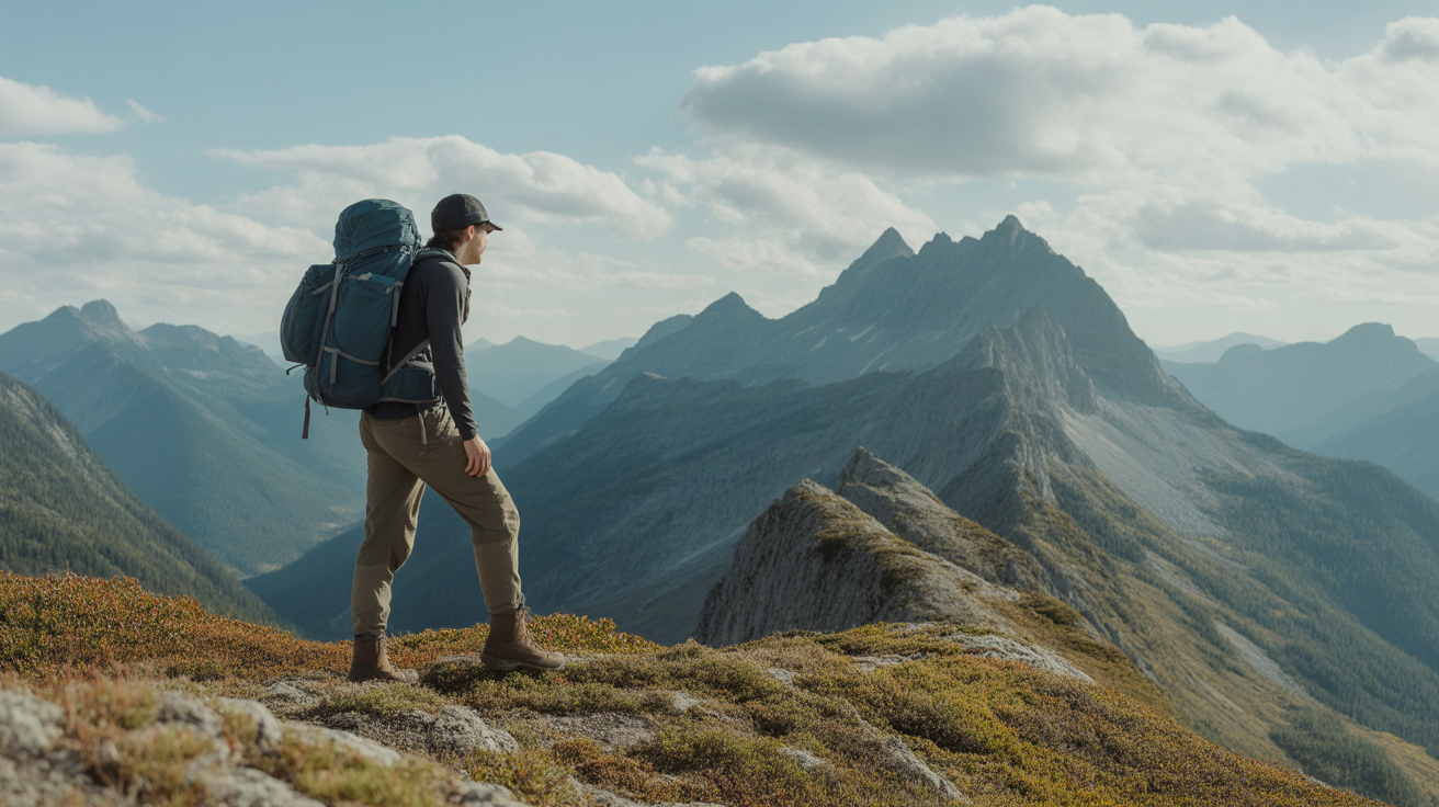 hiker wearing best hiking windbreaker jacket on exposed mountain ridge with wind protection