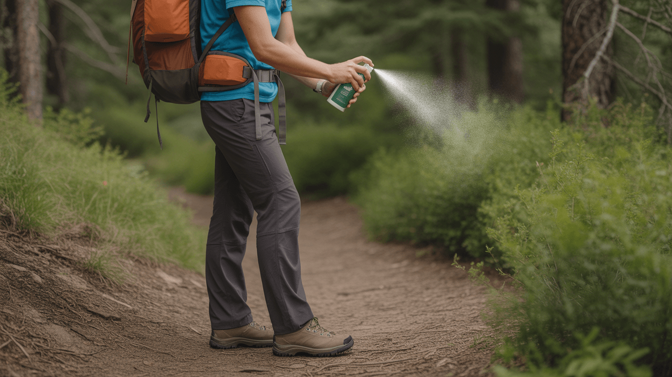 hiker applying best insect repellent for hiking on forest trail before beginning hike