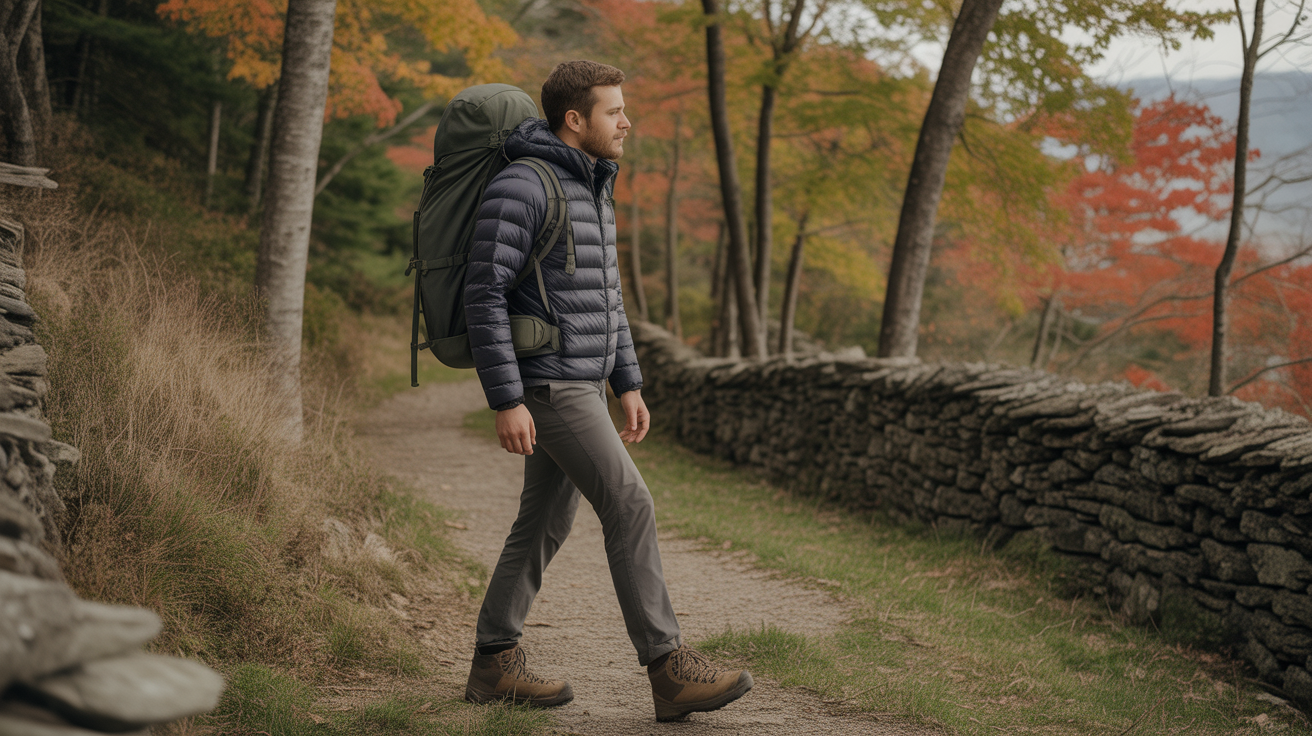 Hiker wearing the best insulated jacket for hiking on a fall trail through a New England forest with colorful maple foliage