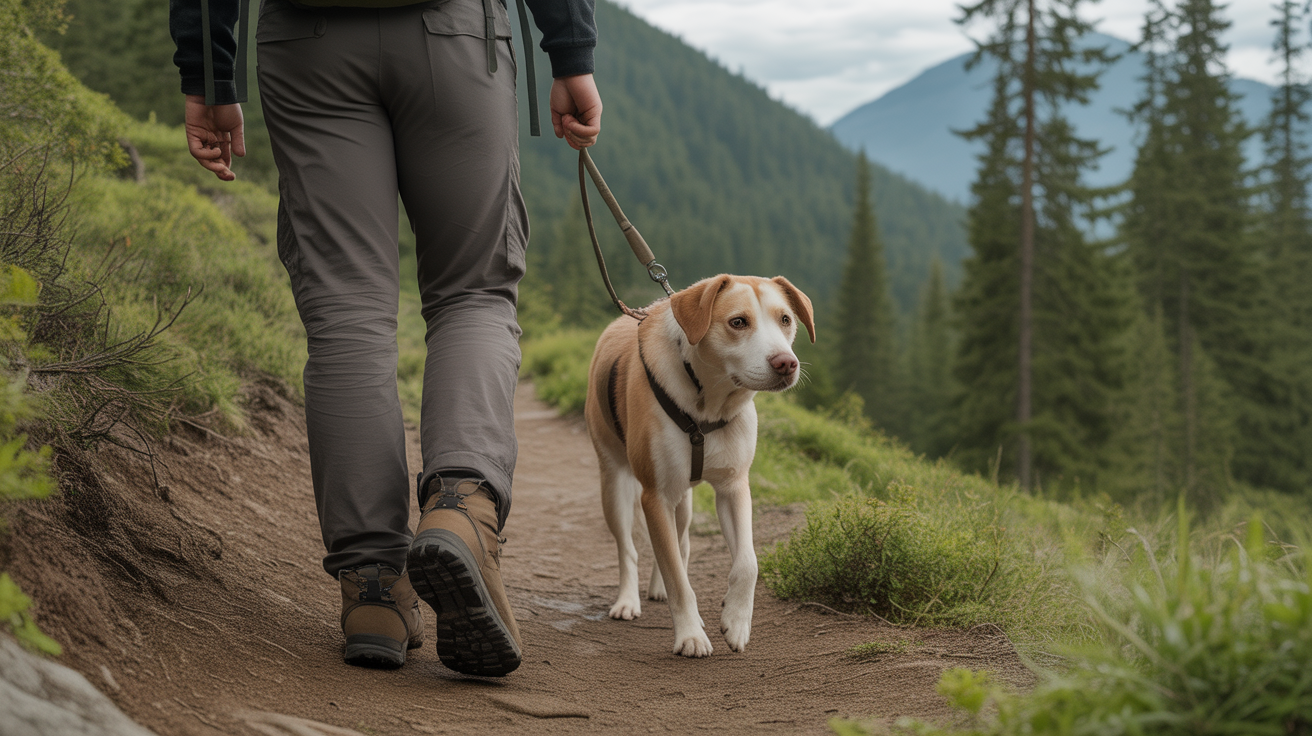 hiker using best lightweight dog leash for hiking on forest trail with dog