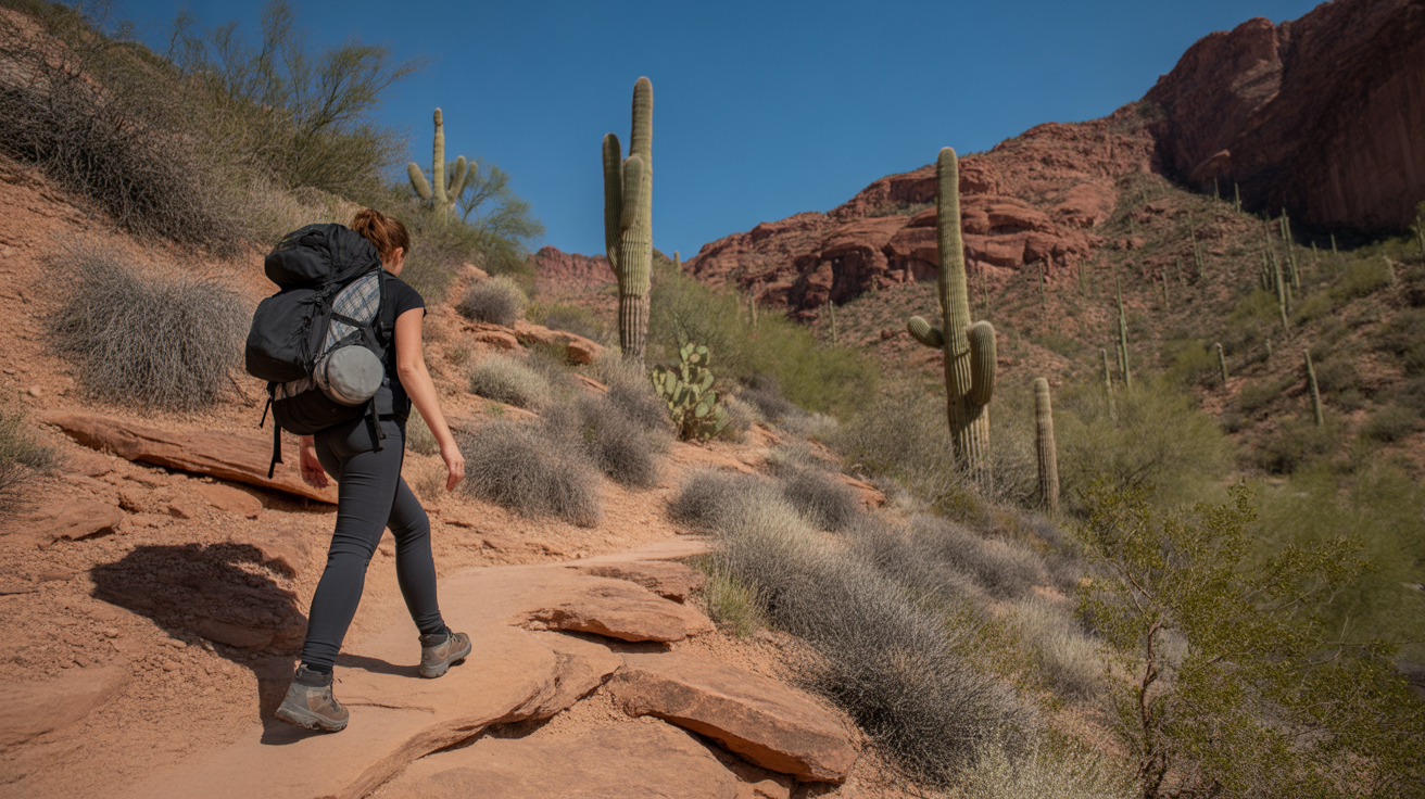 Female hiker wearing best lightweight hiking backpack for women on desert trail with red rock formations