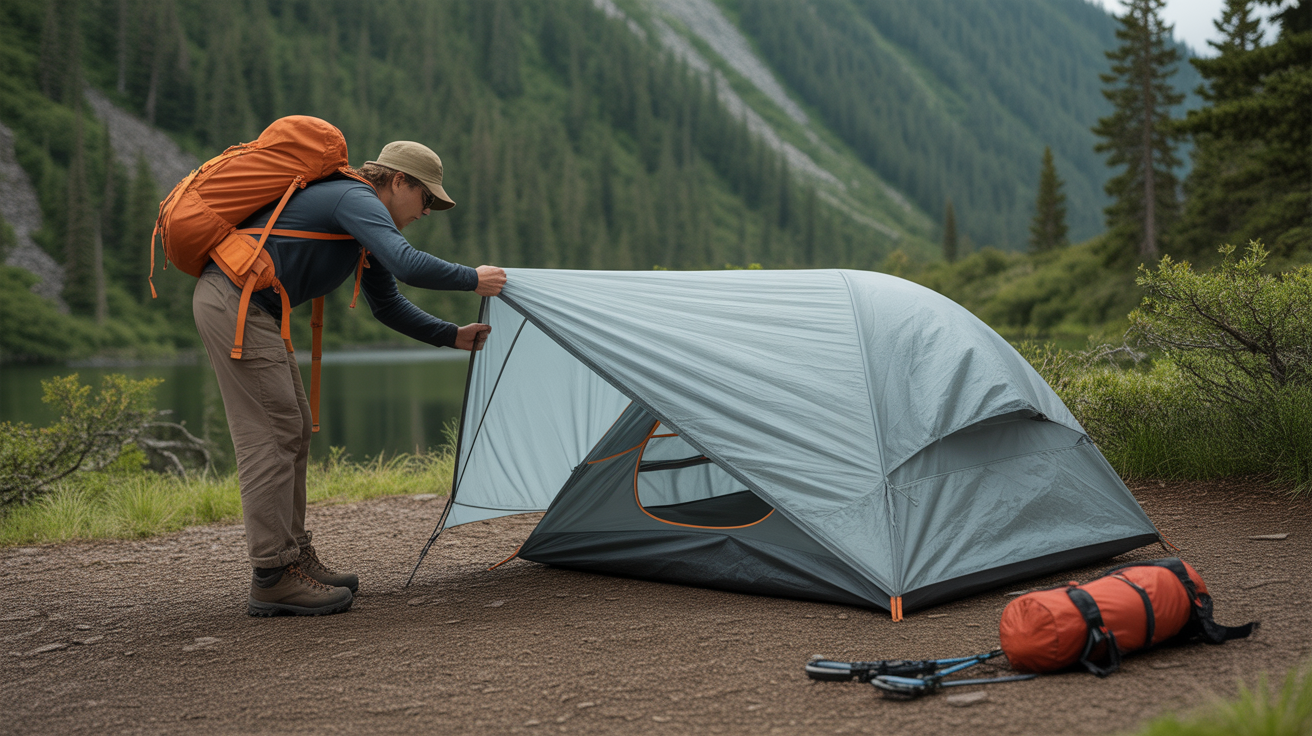 backpacker setting up best lightweight tent for backpacking at mountain campsite