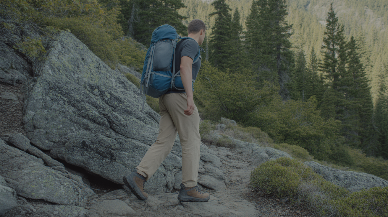 male hiker wearing best men's hiking pants on mountain trail