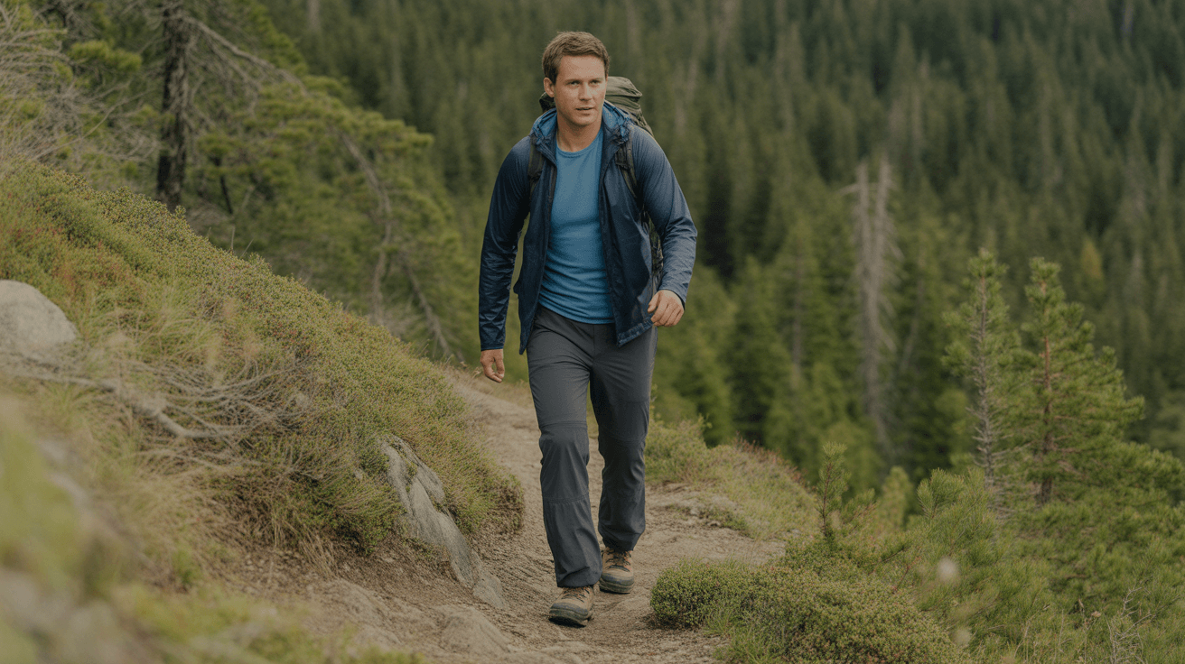 hiker wearing best merino wool base layer for hiking on mountain trail