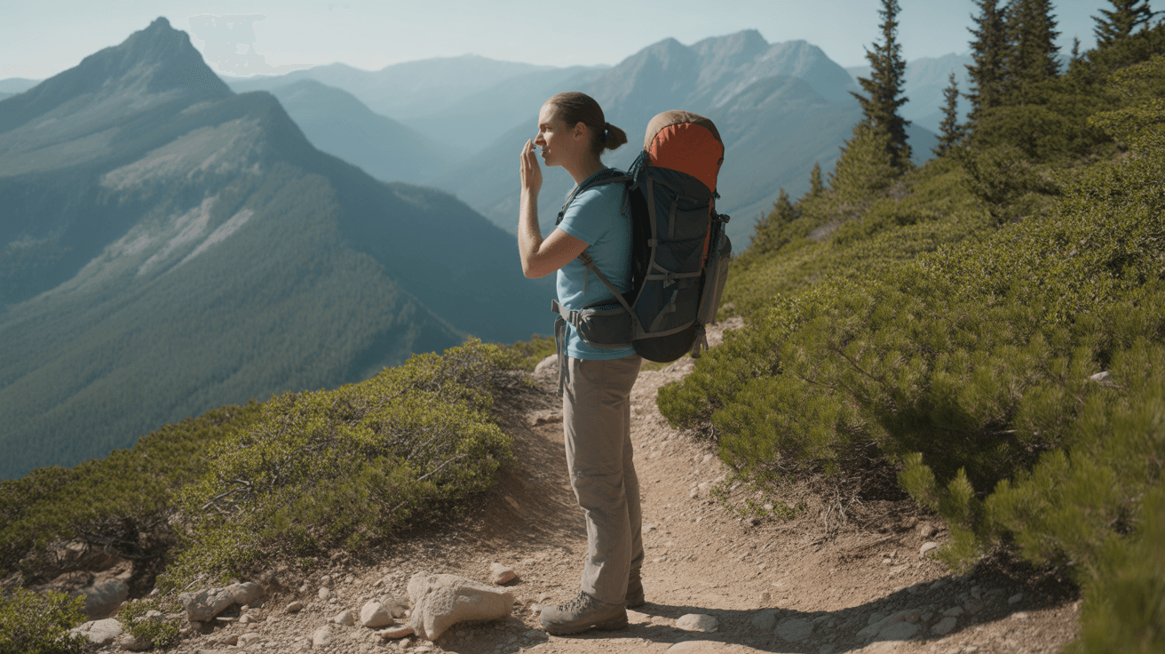 hiker applying best mineral sunscreen for hiking to face on sunny mountain trail