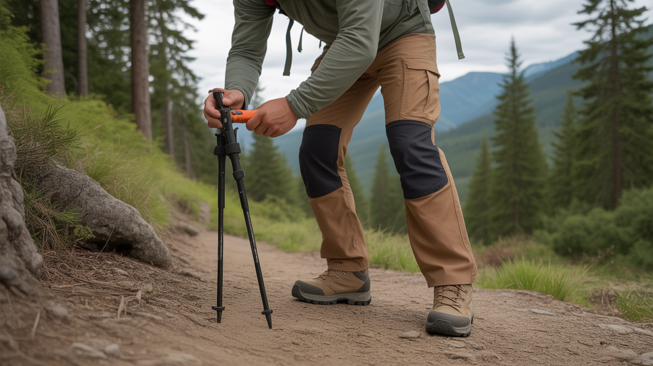 Hiker using best multi tool for hiking to adjust trekking pole on forest trail