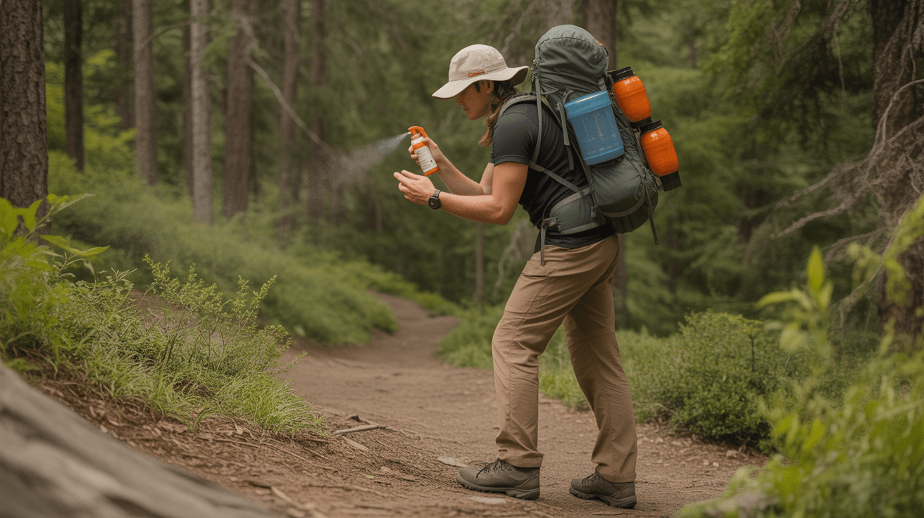 hiker applying best natural insect repellent for hiking to arm on forest trail