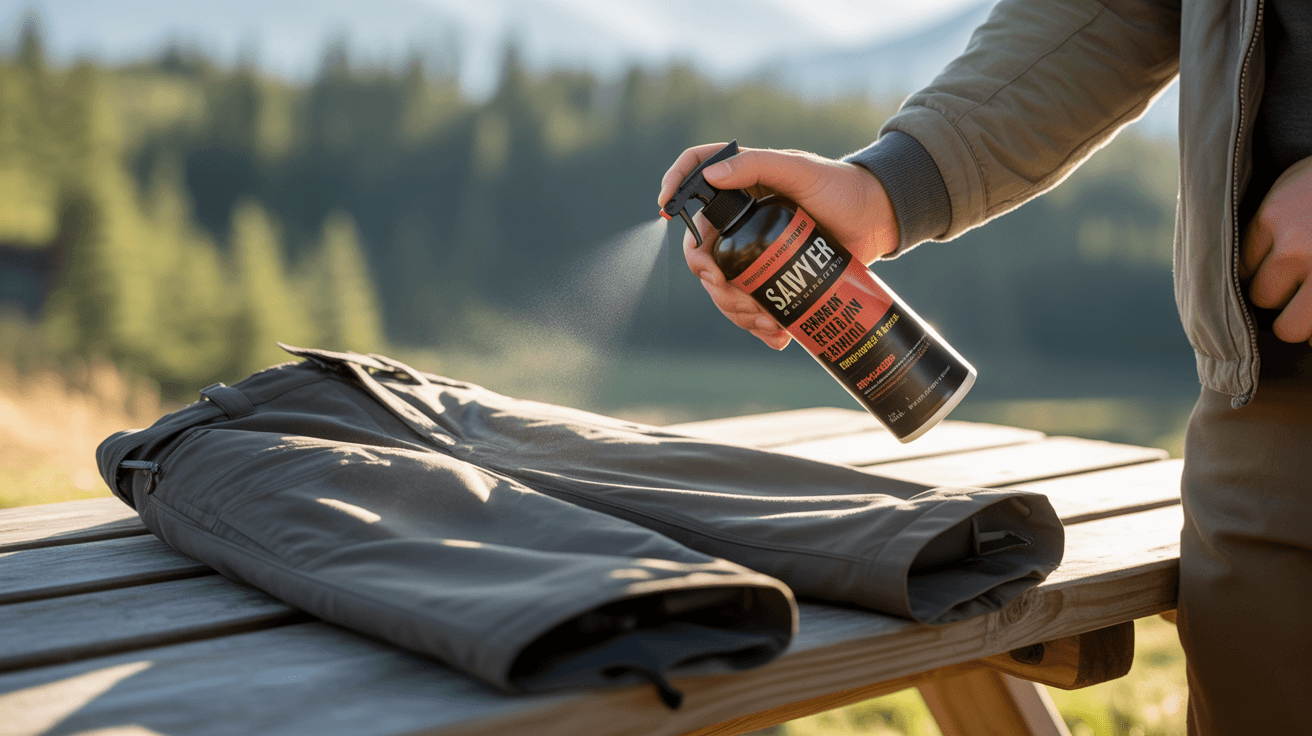 hiker treating hiking clothes with permethrin spray before trail hike in forest setting