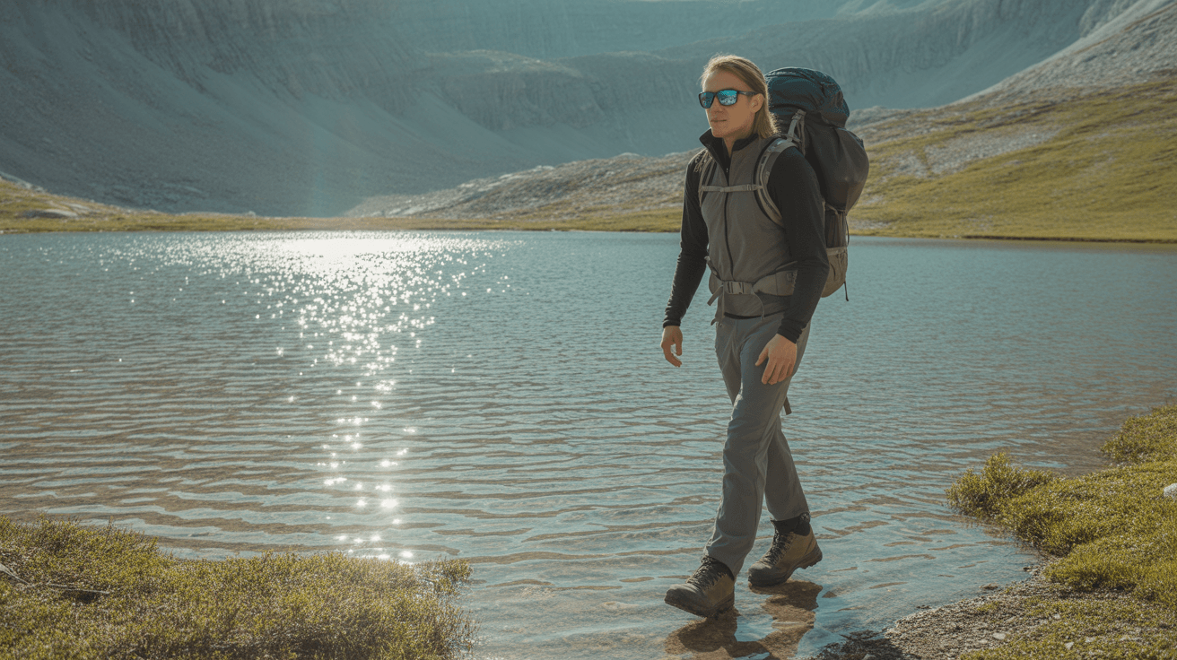 hiker wearing best polarized sunglasses for hiking walking beside alpine lake with water glare