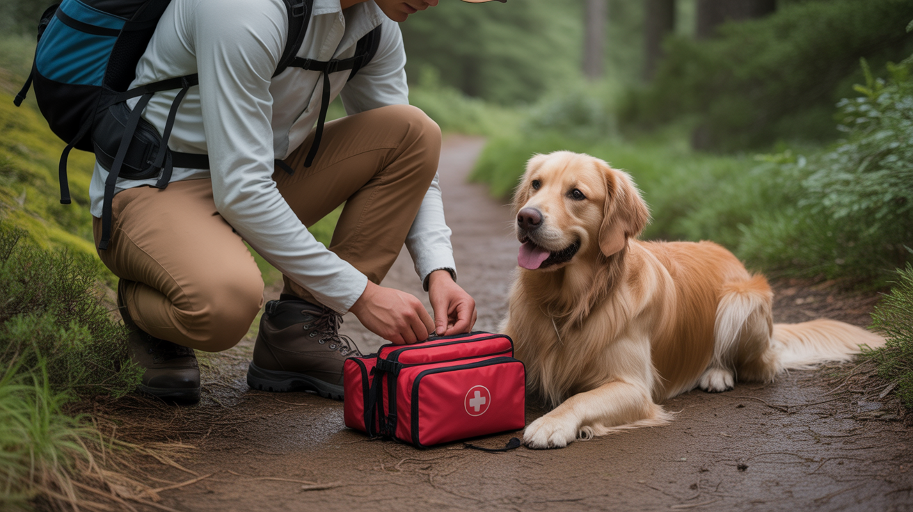 hiker with dog using best portable dog first aid kit on forest trail