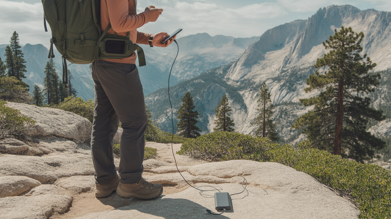 backpacker using best portable power bank for hiking to charge phone on mountain trail