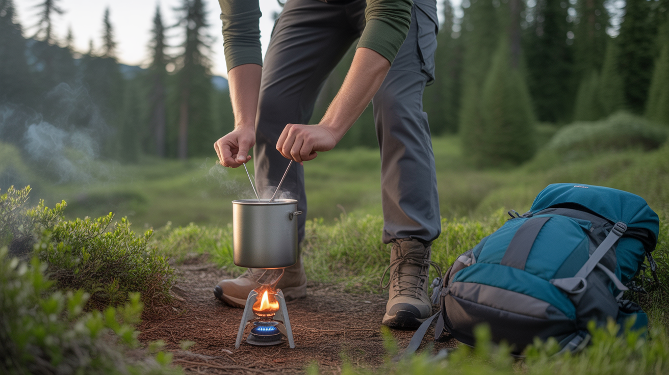 hiker using best portable trail stove to prepare hot meal on mountain trail