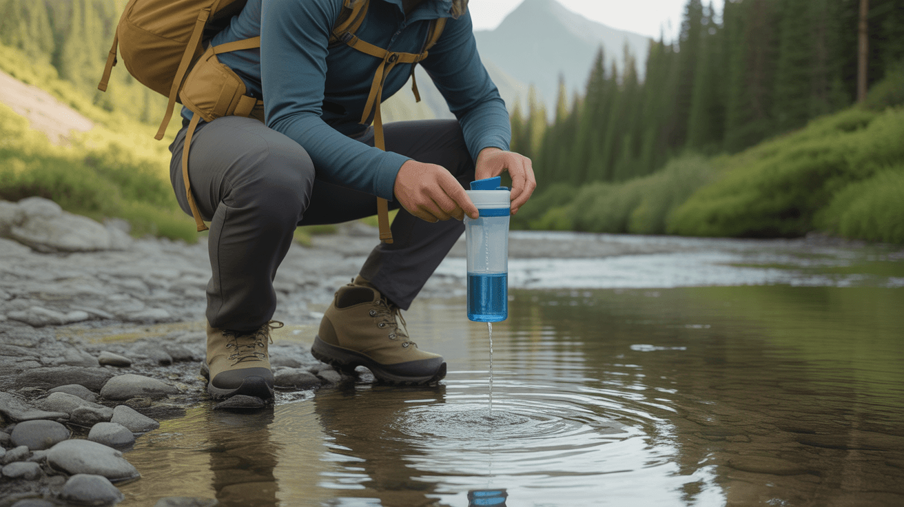 hiker using best portable water filter for hiking at mountain stream on forest trail