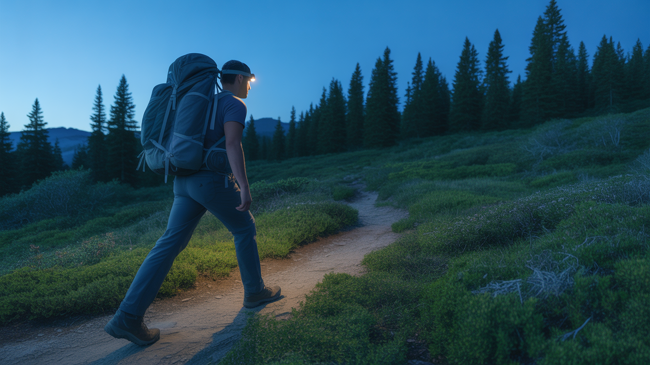 hiker wearing best rechargeable headlamp for hiking on forest trail at dusk