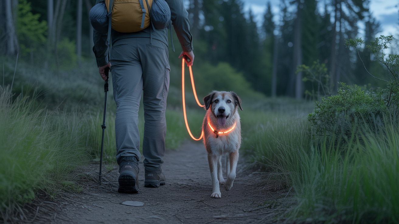 Hiker walking dog with best reflective dog leash for hiking on forest trail at dusk