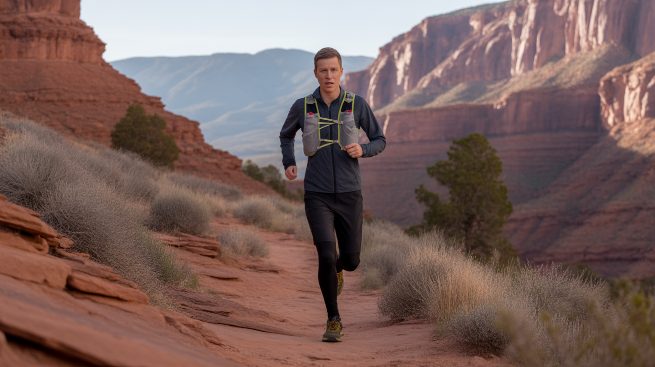 Trail runner wearing best running vest for trail running on desert canyon path