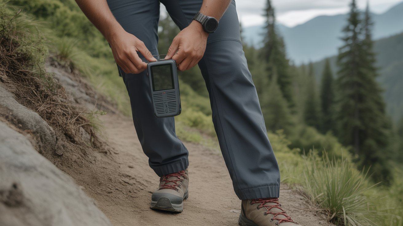 Hiker attaching best satellite communicator for hiking to backpack shoulder strap on remote forest trail